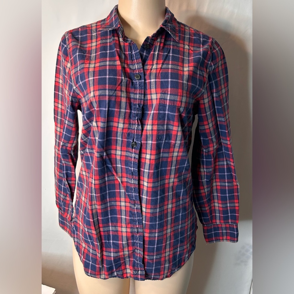 J.Crew Women’s Red Blue Plaid Boyfit 100%Cotton Long Sleeve Button Down …